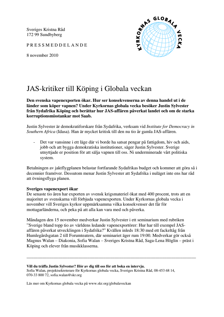 JAS-kritiker till Köping i Globala veckan