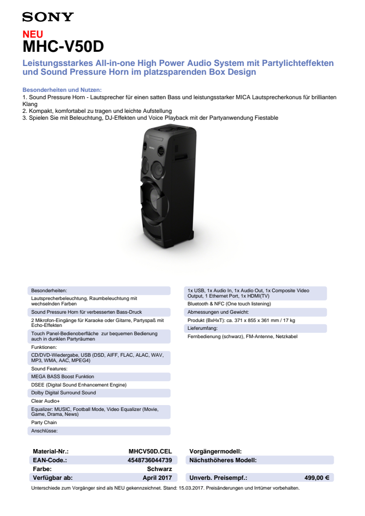Datenblatt Party-Lautsprecher MHC-V50D von Sony