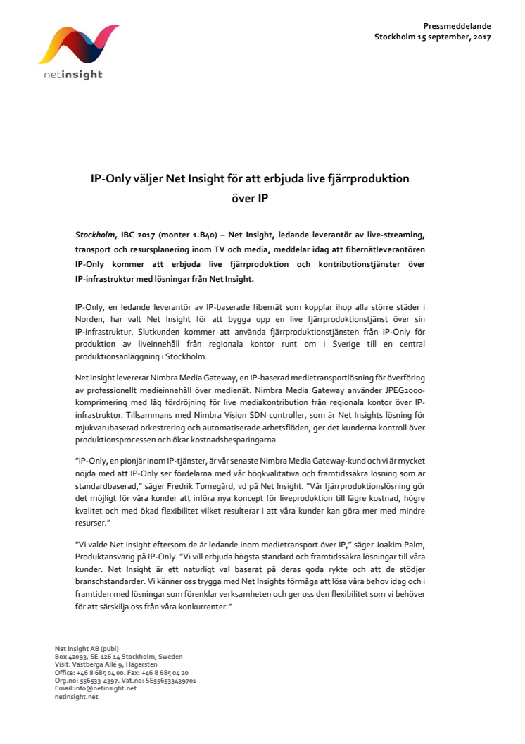 IP-Only väljer Net Insight för att erbjuda live fjärrproduktion över IP 