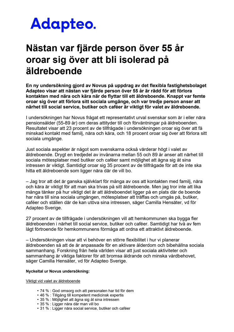 Nästan var fjärde person över 55 år oroar sig över att bli isolerad på äldreboende