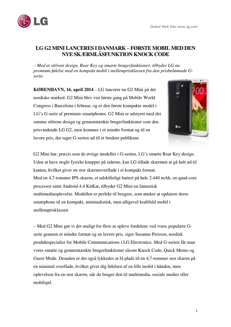 LG G2 MINI LANCERES I DANMARK – FØRSTE MOBIL MED DEN NYE SKÆRMLÅSFUNKTION KNOCK CODE