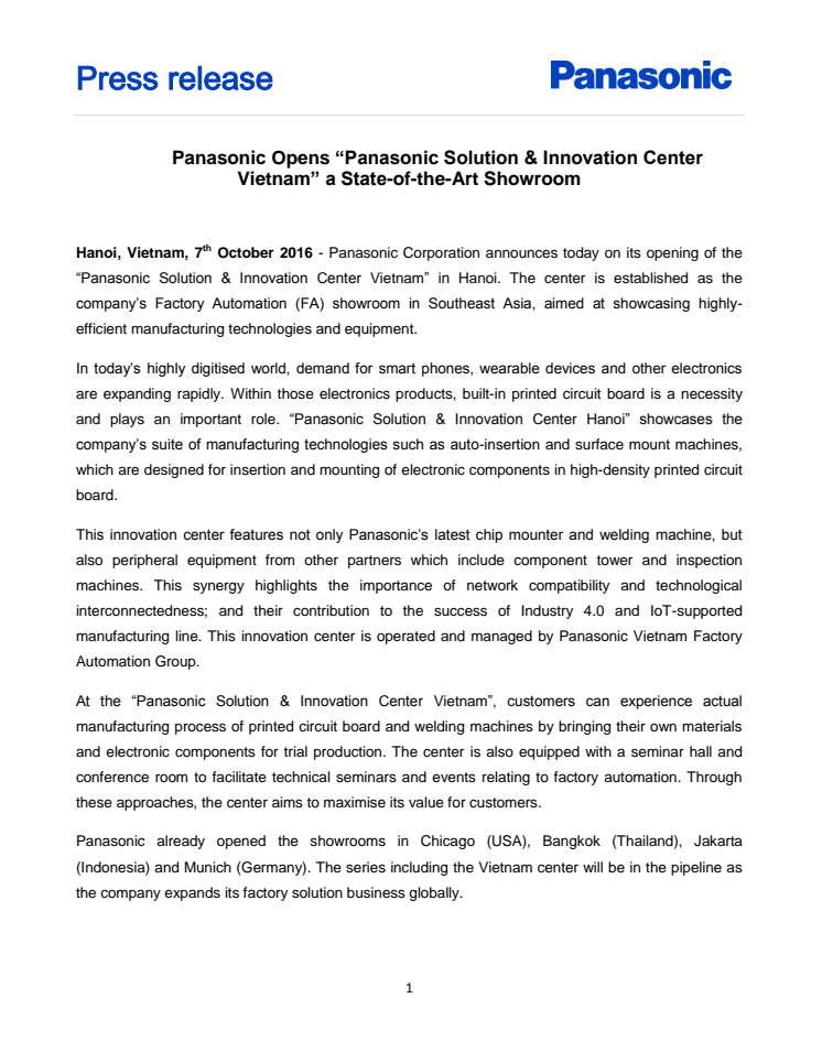 Panasonic Opens “Panasonic Solution & Innovation Center Vietnam” a State-of-the-Art Showroom