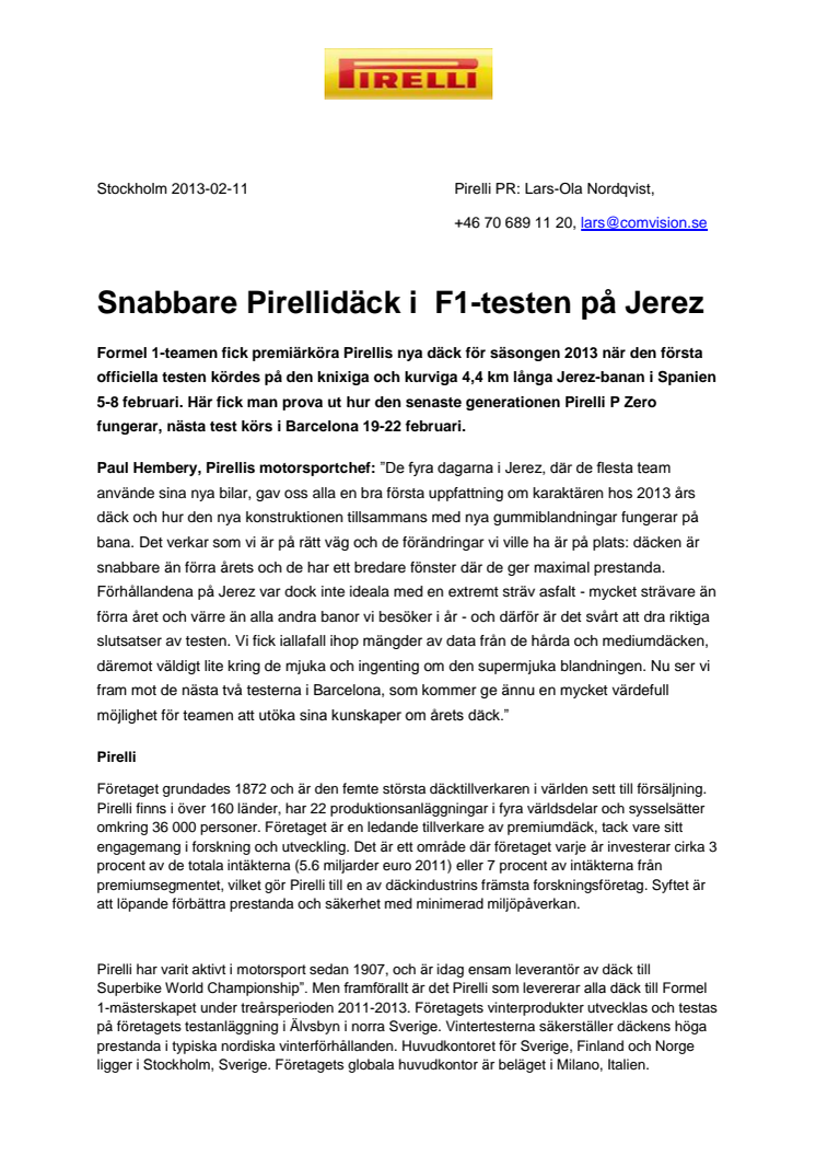 Snabbare Pirellidäck i  F1-testen på Jerez