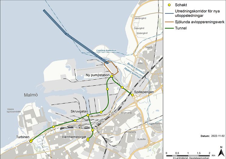 Översikt över anläggningsdelar som ingår i tillståndsansökan för Hållbar avloppsrening i ett växande Skåne. 