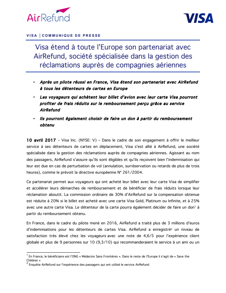 Visa étend à toute l’Europe son partenariat avec AirRefund, société spécialisée dans la gestion des réclamations auprès de compagnies aériennes