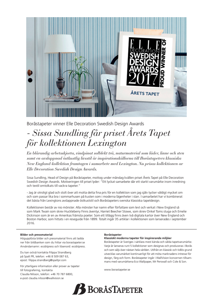 ​Boråstapeter vinner Elle Decoration Swedish Design Awards   - Sissa Sundling får priset Årets Tapet för kollektionen Lexington