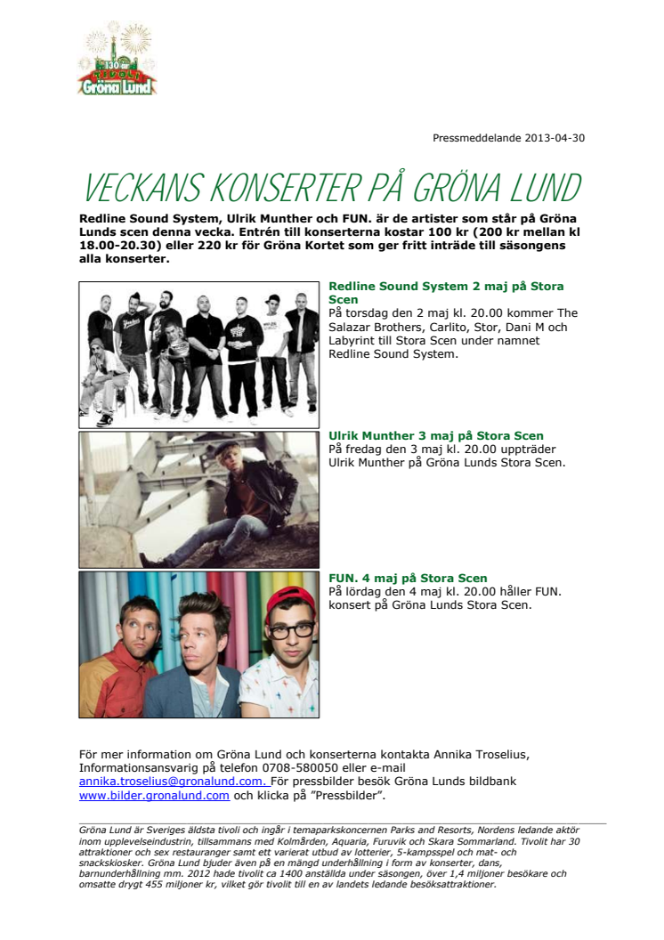 Veckans konserter på Gröna Lund