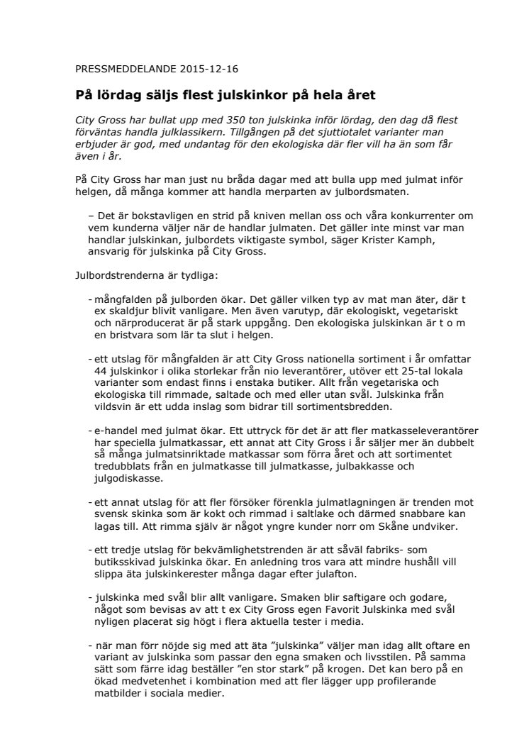 På lördag säljs flest julskinkor på hela året