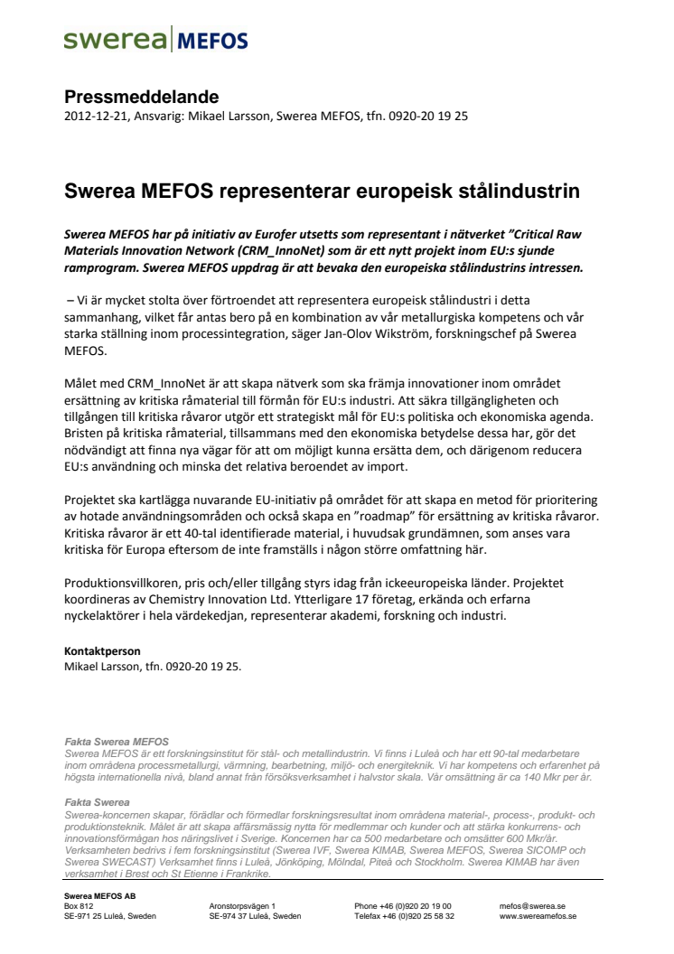 Swerea MEFOS representerar europeisk stålindustri