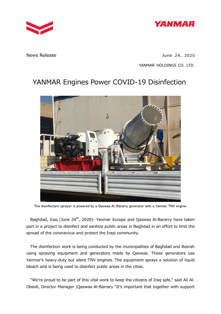 YANMAR Engines Power COVID-19 Disinfection