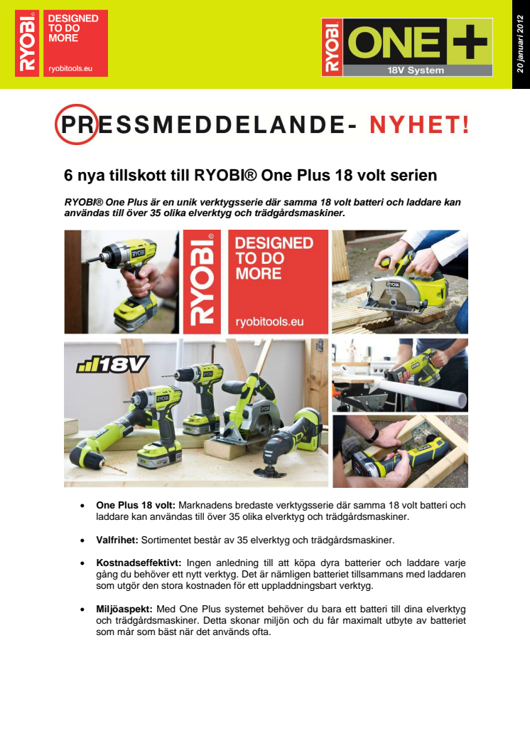 6 nya tillskott till RYOBI® One Plus 18 volt serien