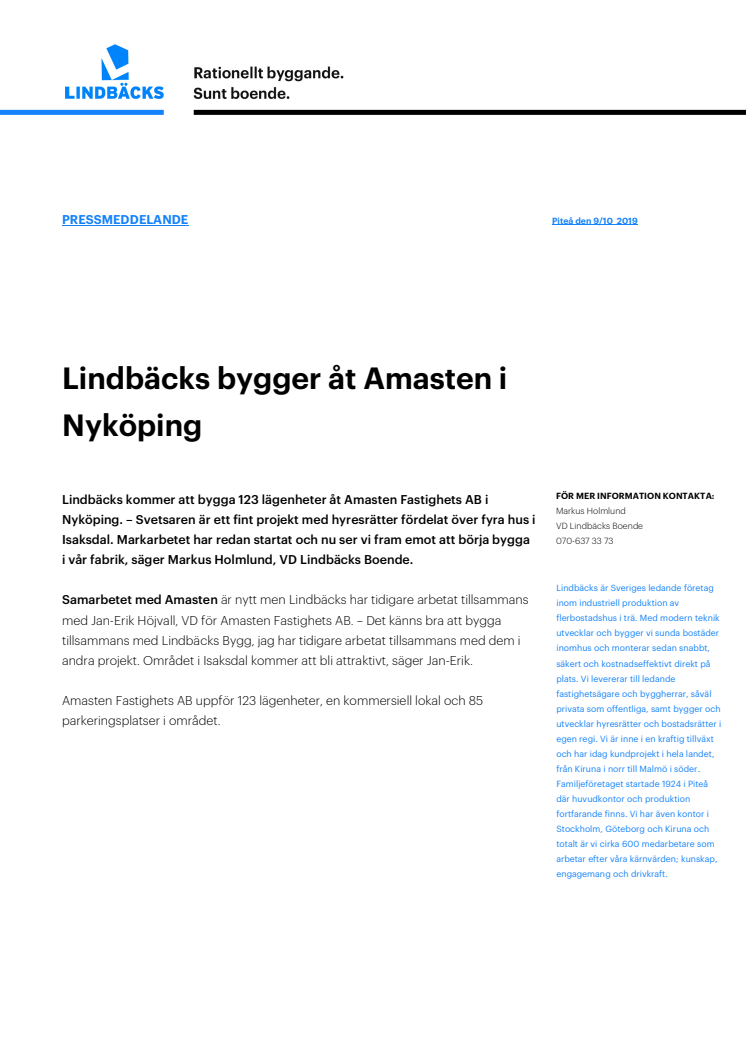 Lindbäcks bygger åt Amasten i Nyköping
