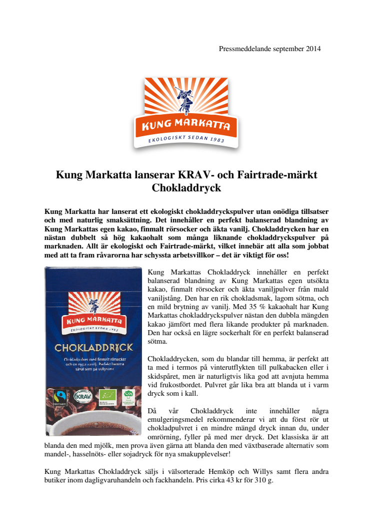 Kung Markatta lanserar KRAV- och Fairtrade-märkt Chokladdryck