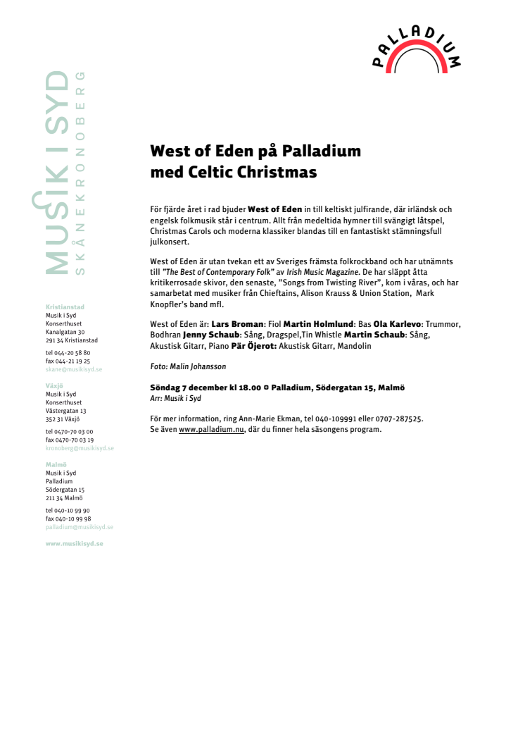 West of Eden med Celtic Christmas på Palladium 7 dec