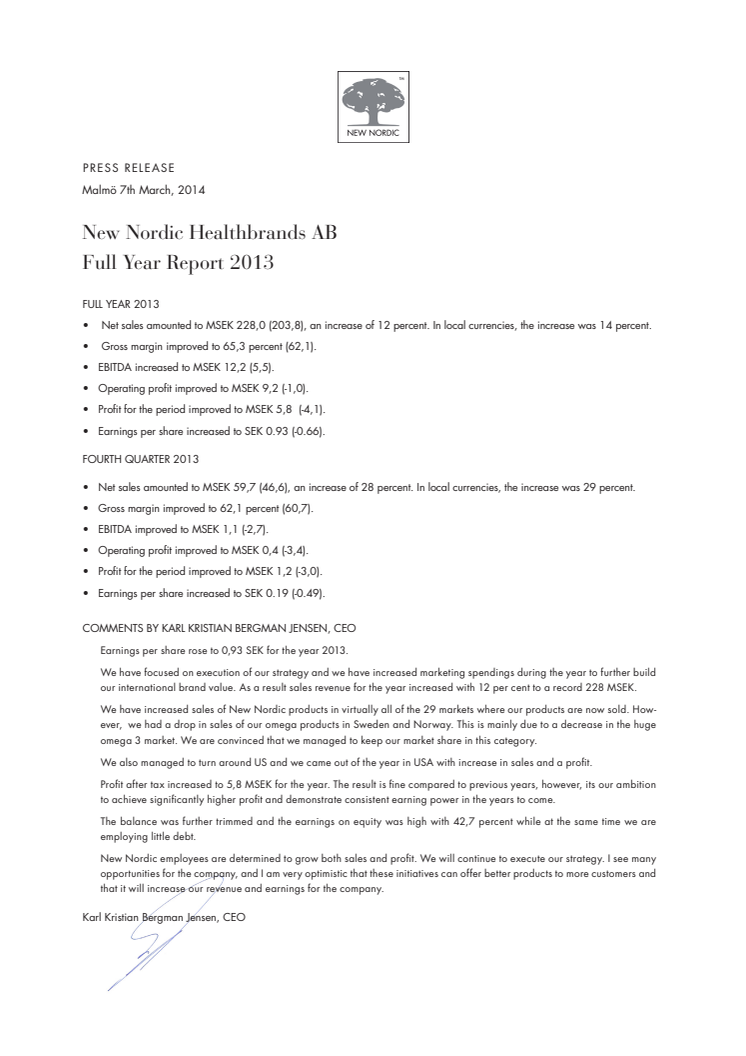 Summary of Full Year Report 2013