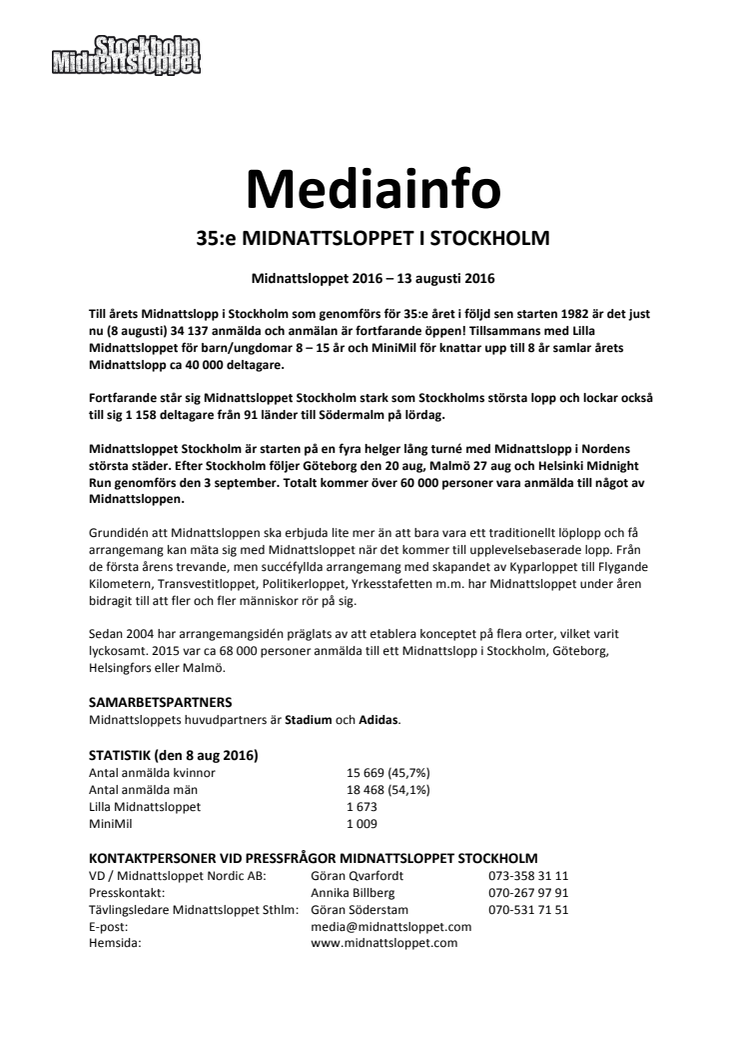Mediainformation Midnattsloppet Stockholm 2016