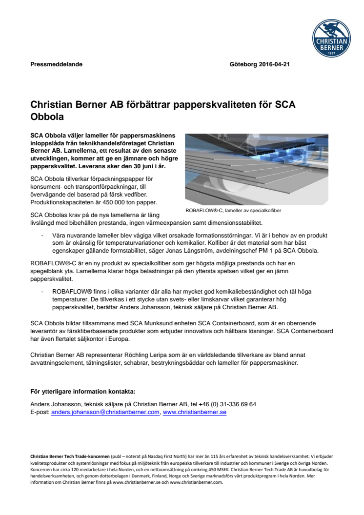 Christian Berner AB förbättrar papperskvaliteten för SCA Obbola