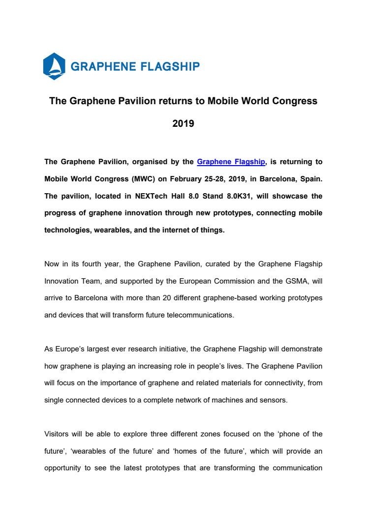 The Graphene Pavilion returns to Mobile World Congress 2019