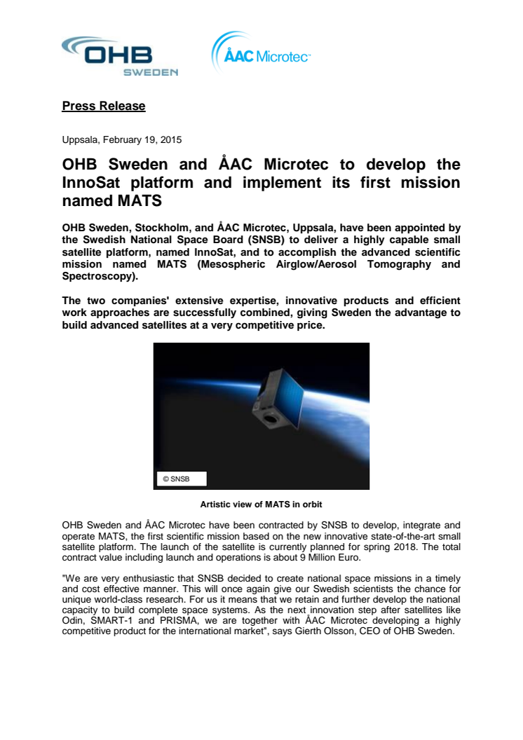 OHB Sweden and ÅAC Microtec to develop the InnoSat platform and implement its first mission named MATS
