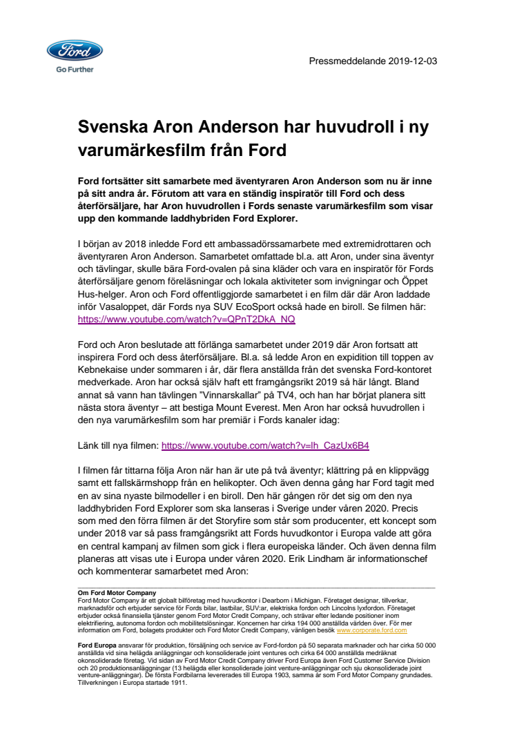 Svenska Aron Anderson har huvudroll i ny varumärkesfilm från Ford