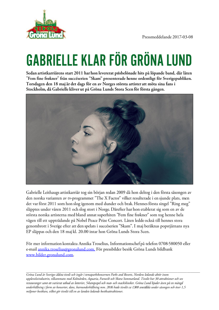 Gabrielle klar för Gröna Lund