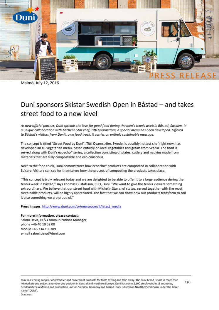 Duni sponsors Skistar Swedish Open in Båstad – and takes street food to a new level