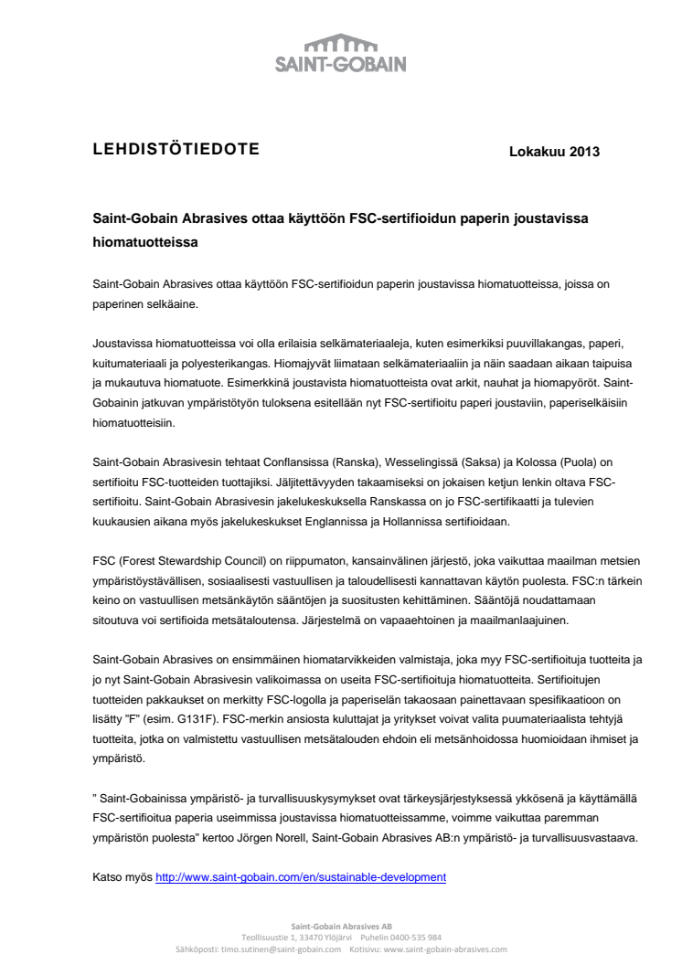 Saint-Gobain Abrasives ottaa käyttöön FSC-sertifioidun paperin joustavissa hiomatuotteissa