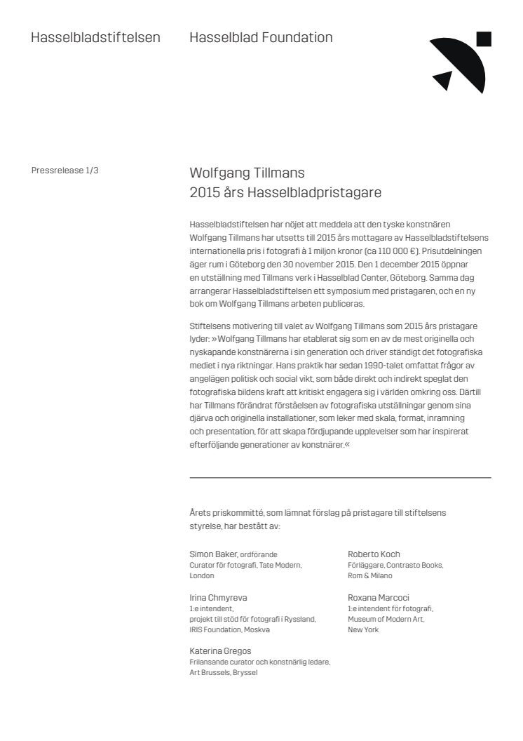 Wolfgang Tillmans - 2015 års Hasselbladpristagare