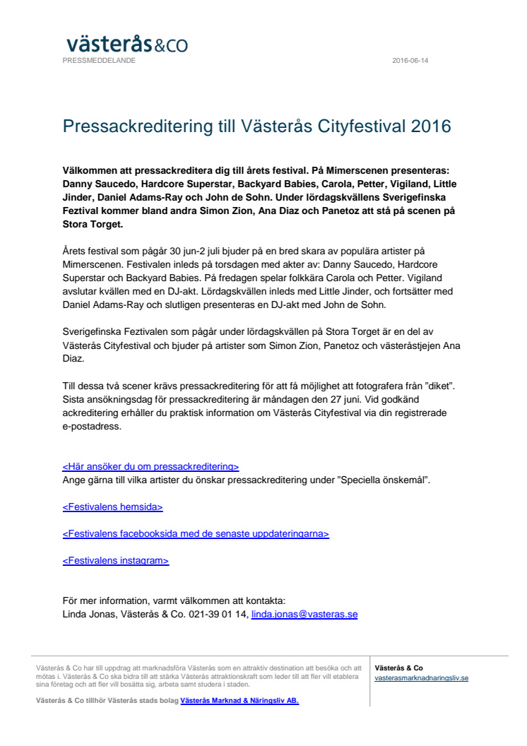 Pressackreditering till Västerås Cityfestival 2016