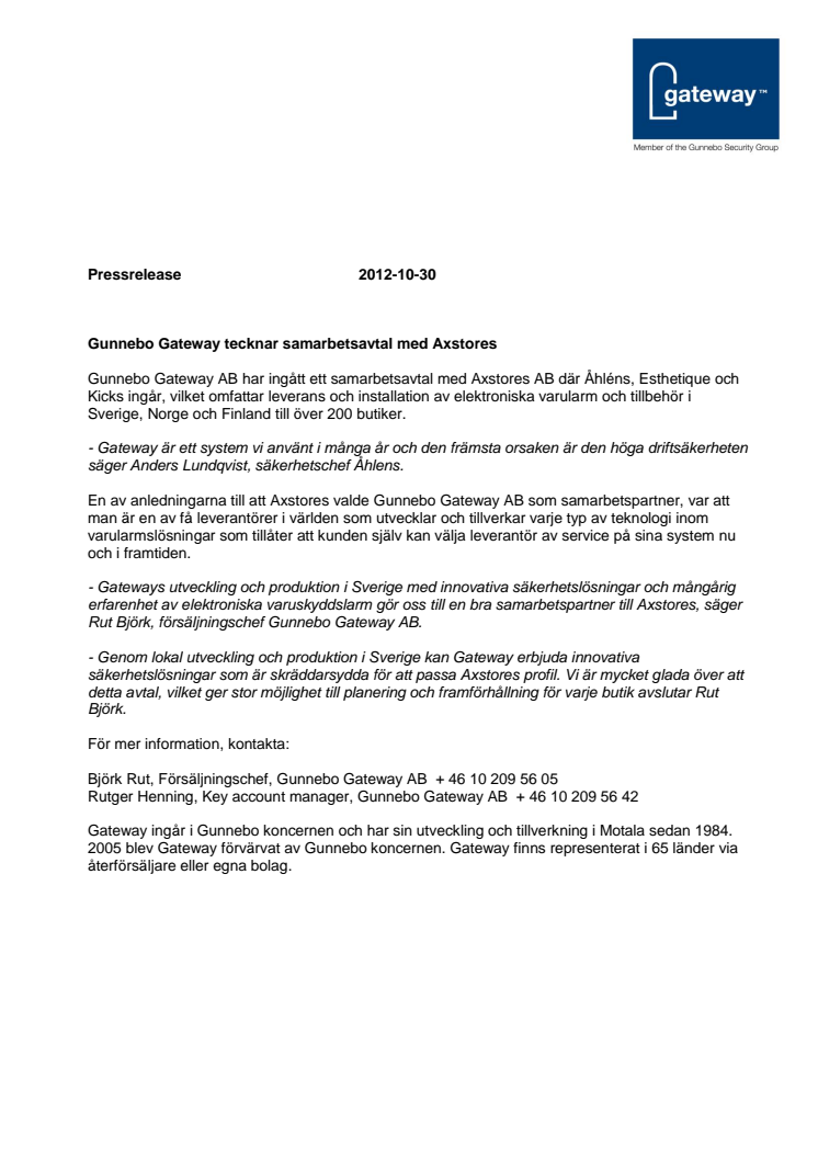 Gunnebo Gateway tecknar samarbetsavtal med Axstores