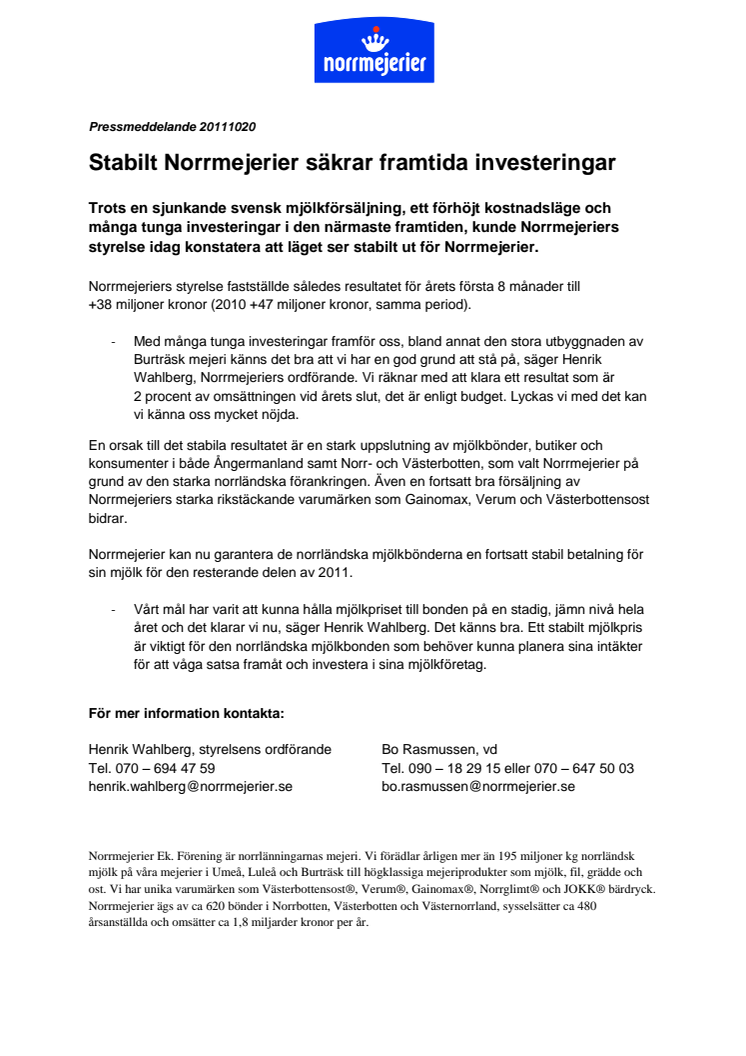 Stabilt Norrmejerier säkrar framtida investeringar