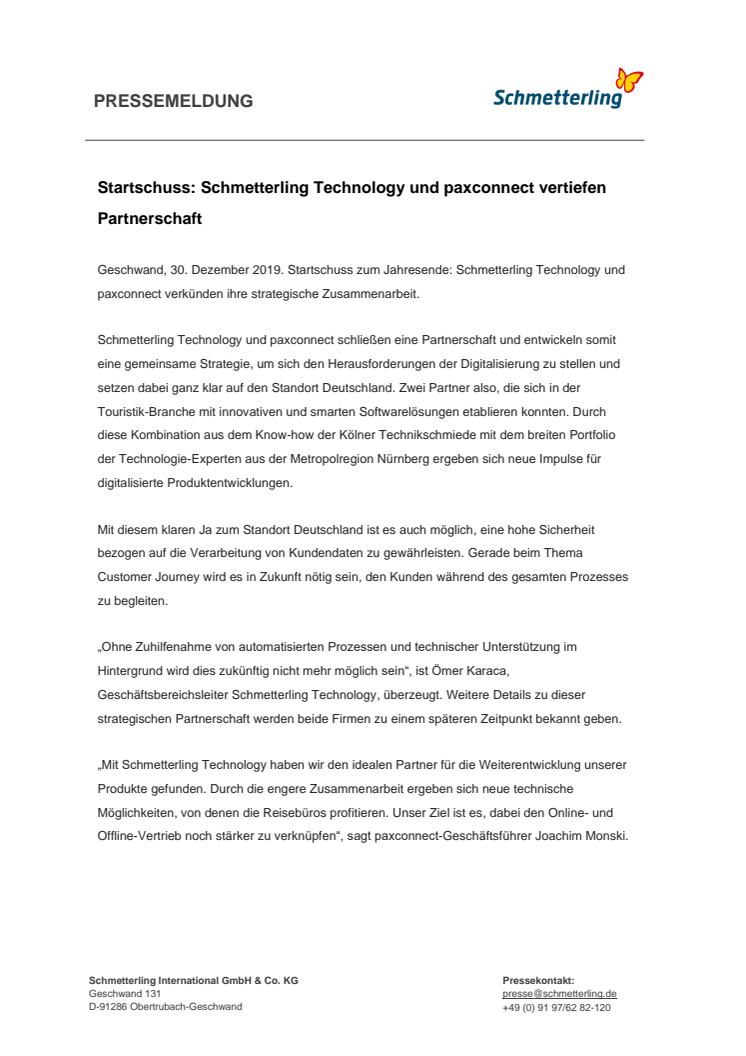 Startschuss: Schmetterling Technology und paxconnect vertiefen Partnerschaft