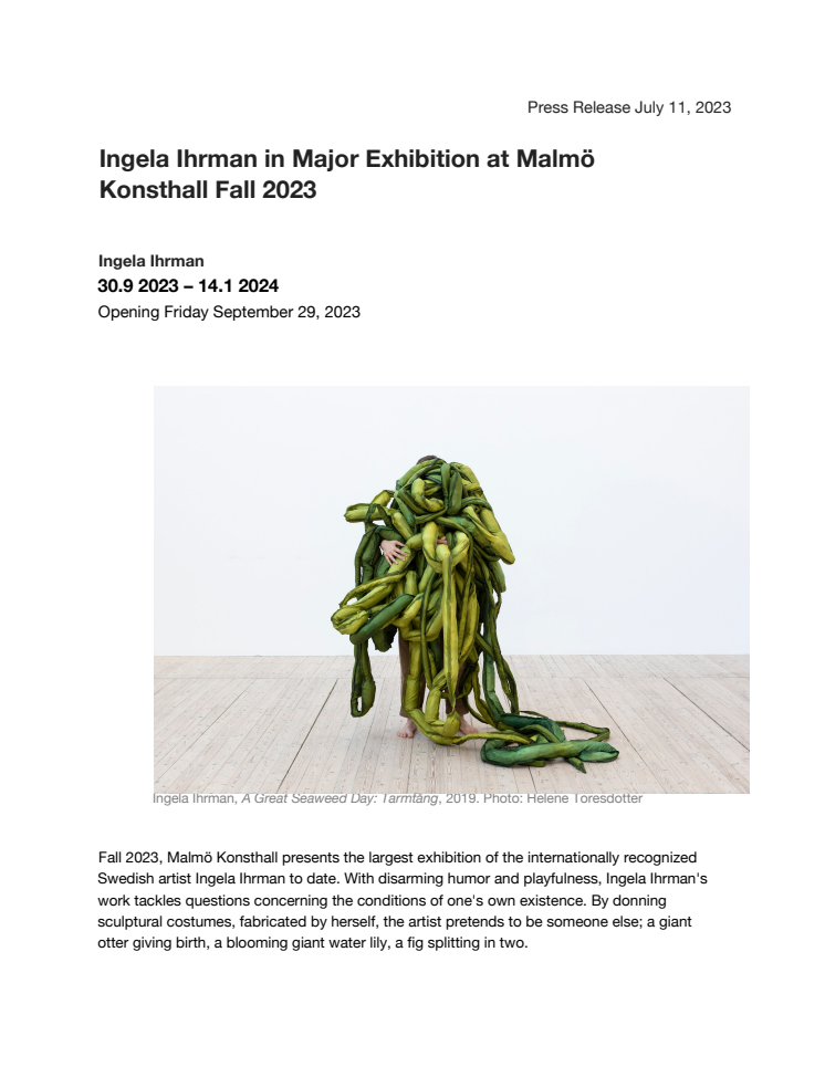 Ingela Ihrman in Major Exhibition at Malmö Konsthall Fall 2023_Press Release July 2023