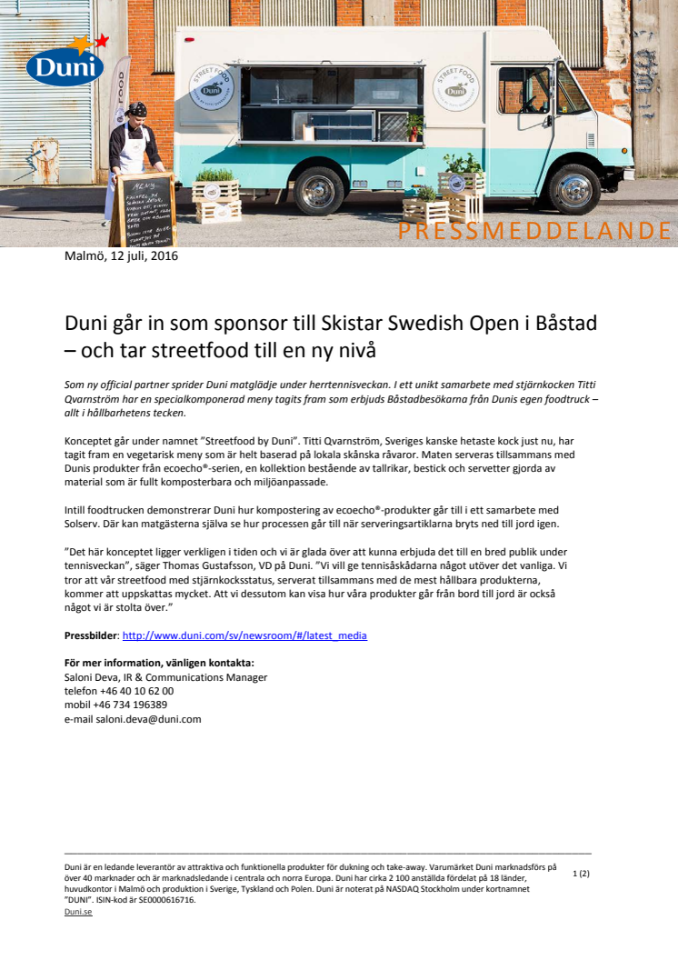 Duni går in som sponsor till Skistar Swedish Open i Båstad – och tar streetfood till en ny nivå