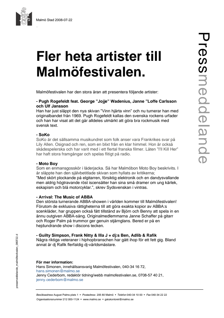 Fler heta artister till Malmöfestivalen