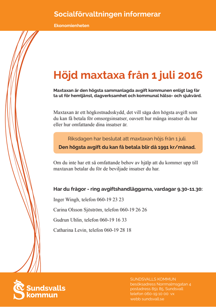 Höjd maxtaxa från 1 juli 2016