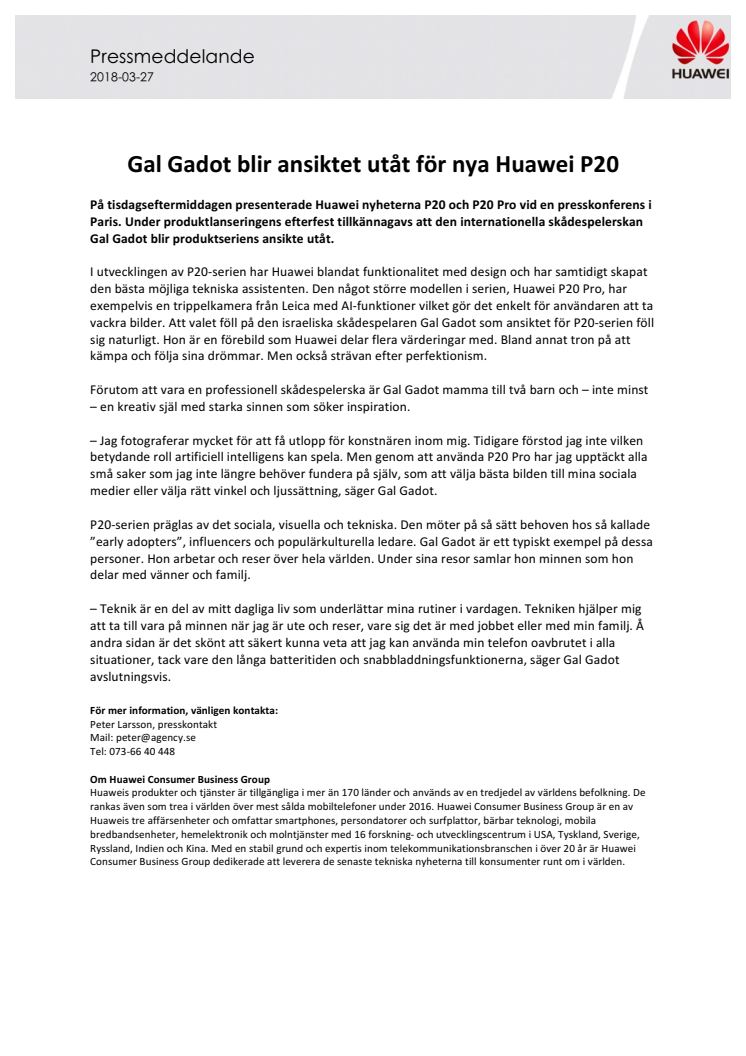 Gal Gadot blir ansiktet utåt för nya Huawei P20