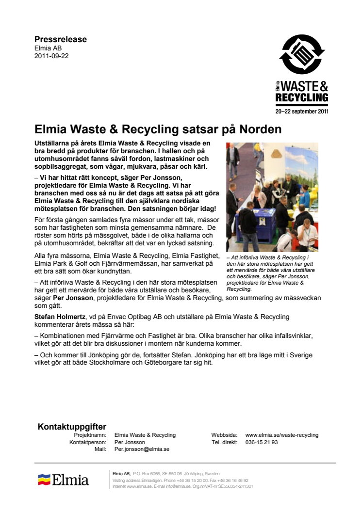 Elmia Waste & Recycling satsar på Norden 
