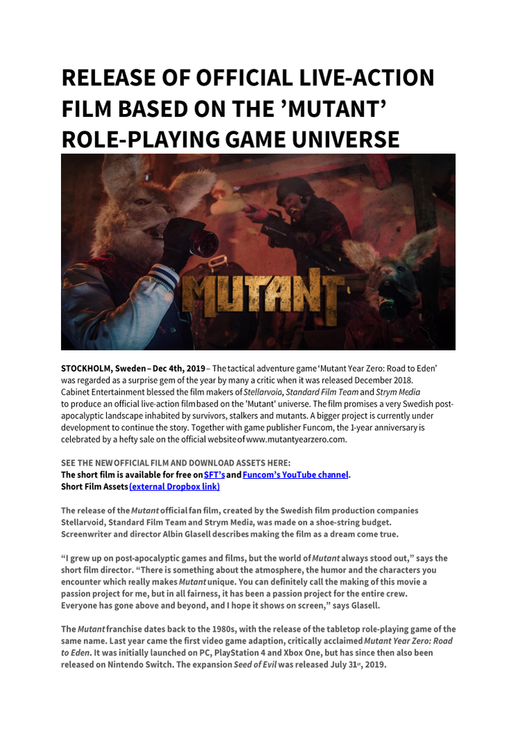 RELEASE OF OFFICIAL LIVE-ACTION FILM BASED ON THE ’MUTANT’ ROLE-PLAYING GAME UNIVERSE