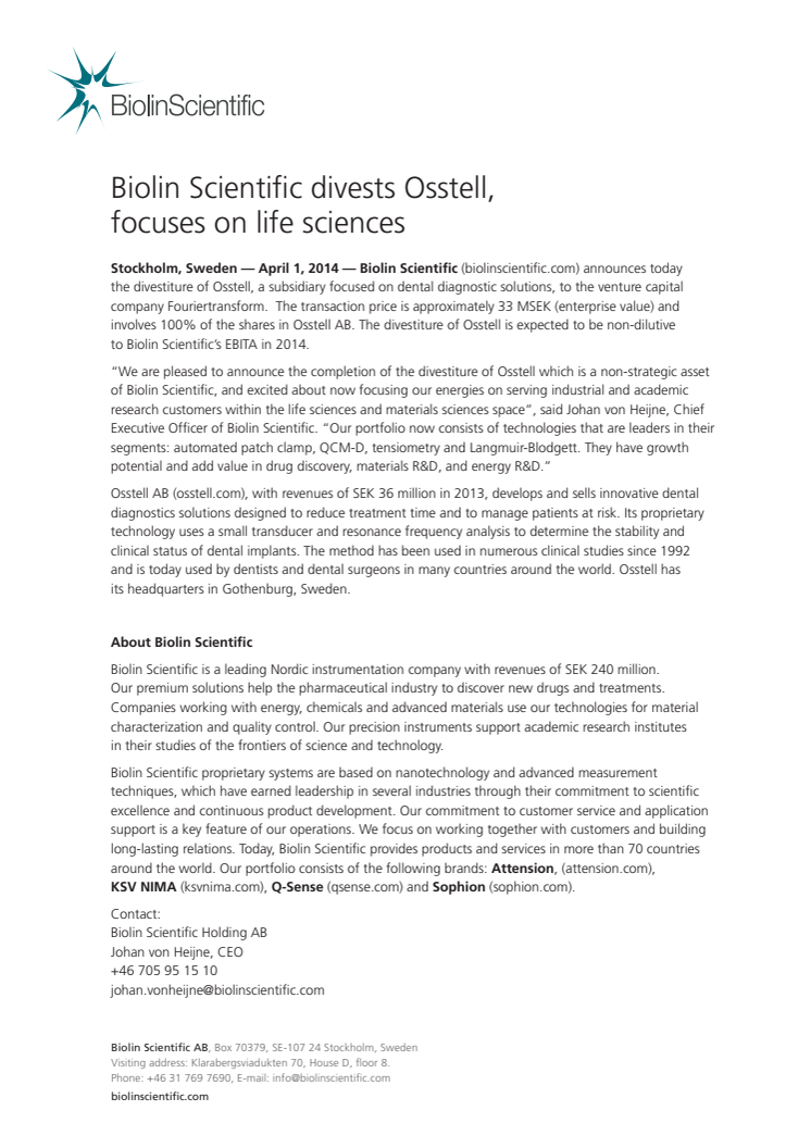 Biolin Scientific divests Osstell, focuses on life sciences
