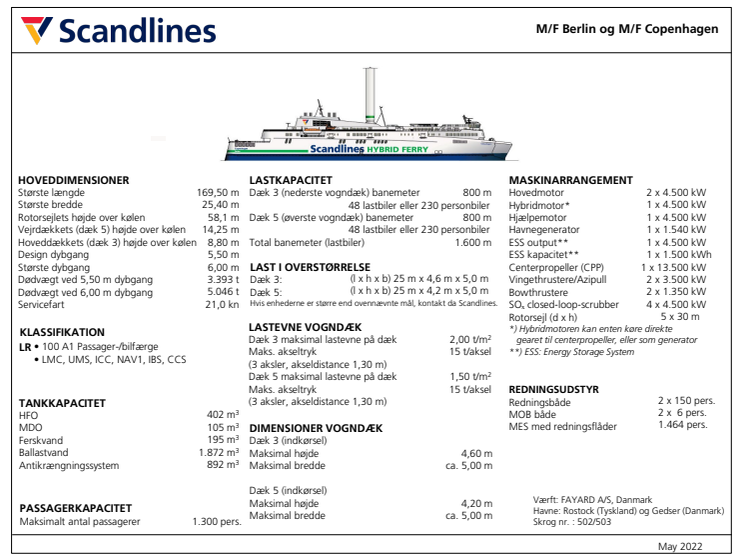 Datablad for hybridfærgerne M/F Berlin og Copenhagen