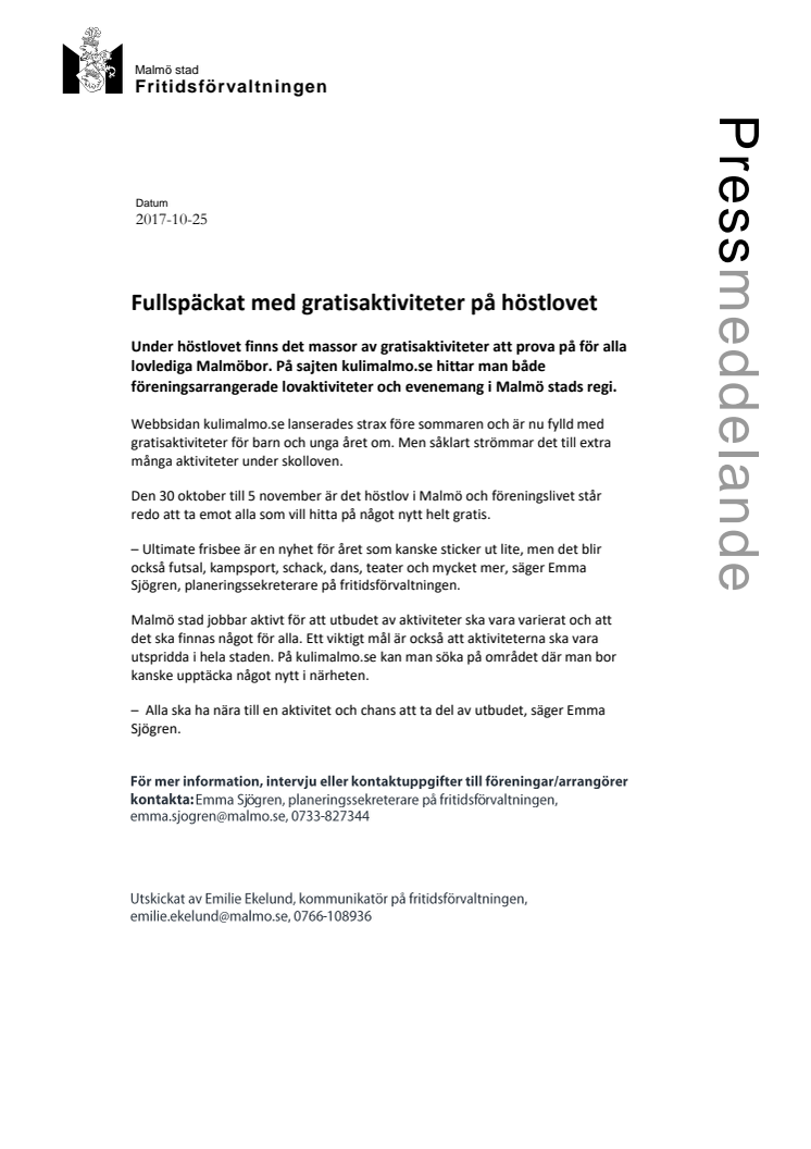 Fullspäckat med gratisaktiviteter på höstlovet