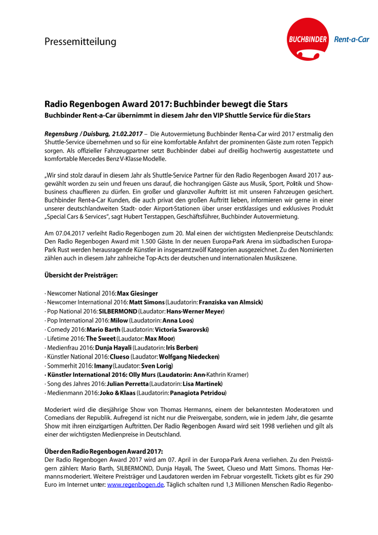 Radio Regenbogen Award 2017: Buchbinder bewegt die Stars