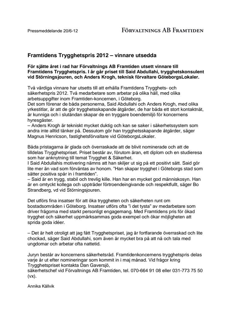 Framtidens Trygghetspris 2012 - vinnare utsedda