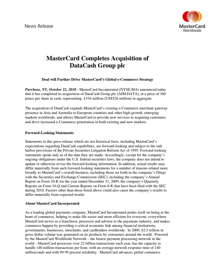 MasterCard Completes Acquisition of DataCash Group plc