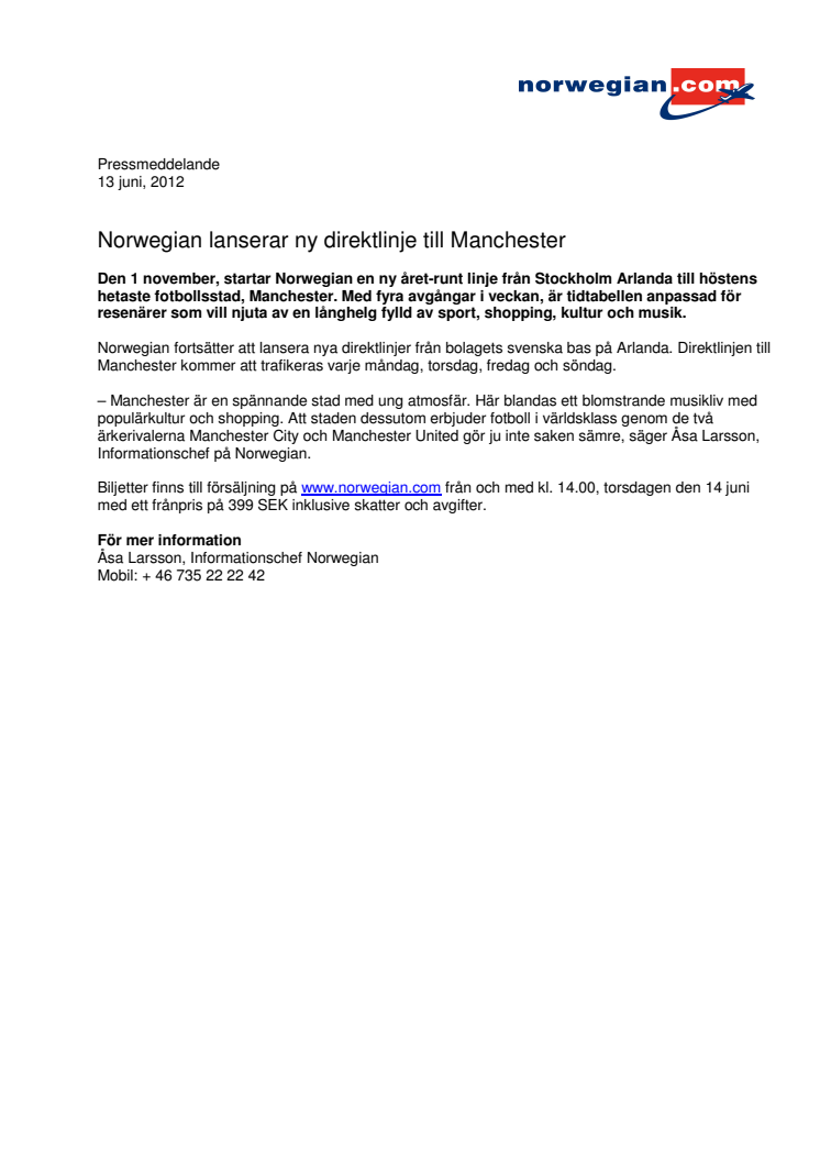 Norwegian lanserar ny direktlinje till Manchester
