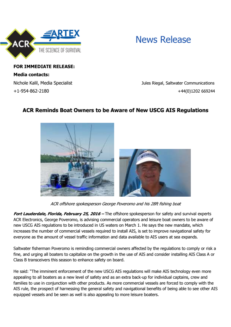 ACR Electronics Inc: Reminds Boat Owners to be Aware of New United States Coast Guard AIS Regulations      