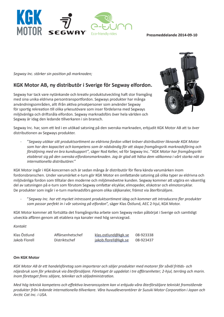 KGK Motor AB blir ny distributör i Sverige för Segway elfordon.