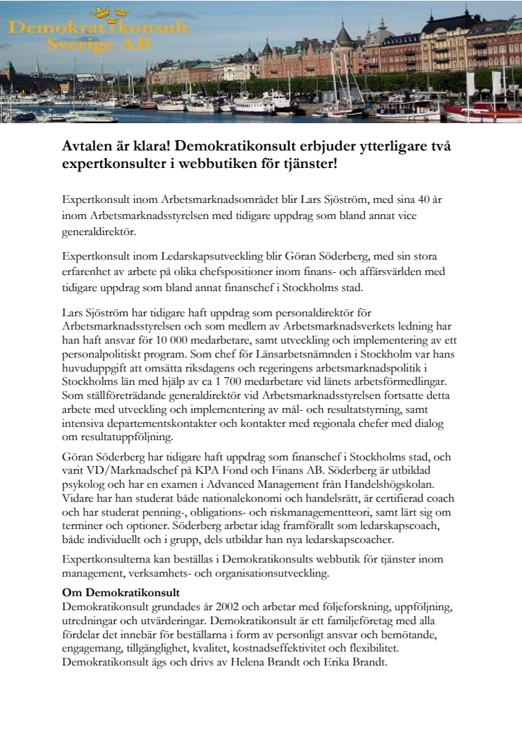 Avtalen är klara! Demokratikonsult erbjuder ytterligare två expertkonsulter i webbutiken för tjänster!