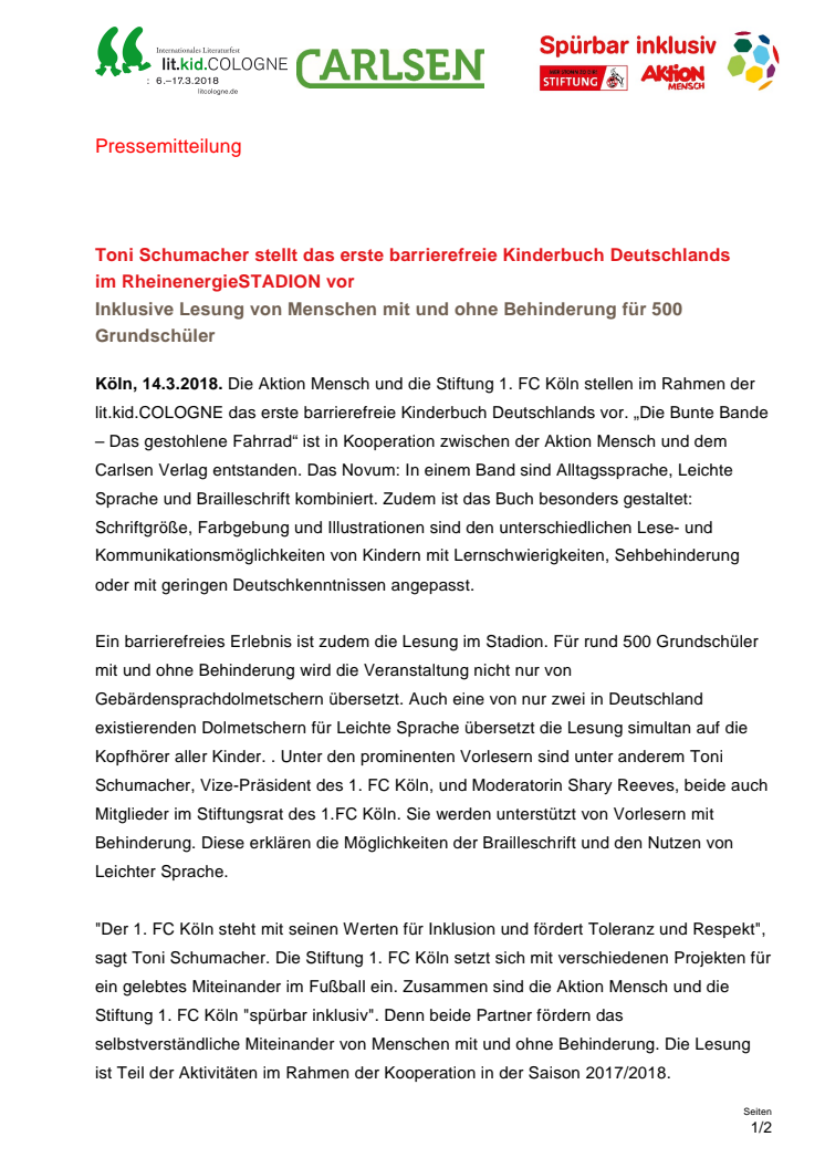 Toni Schumacher stellt das erste barrierefreie Kinderbuch Deutschlands im RheinenergieSTADION vor 